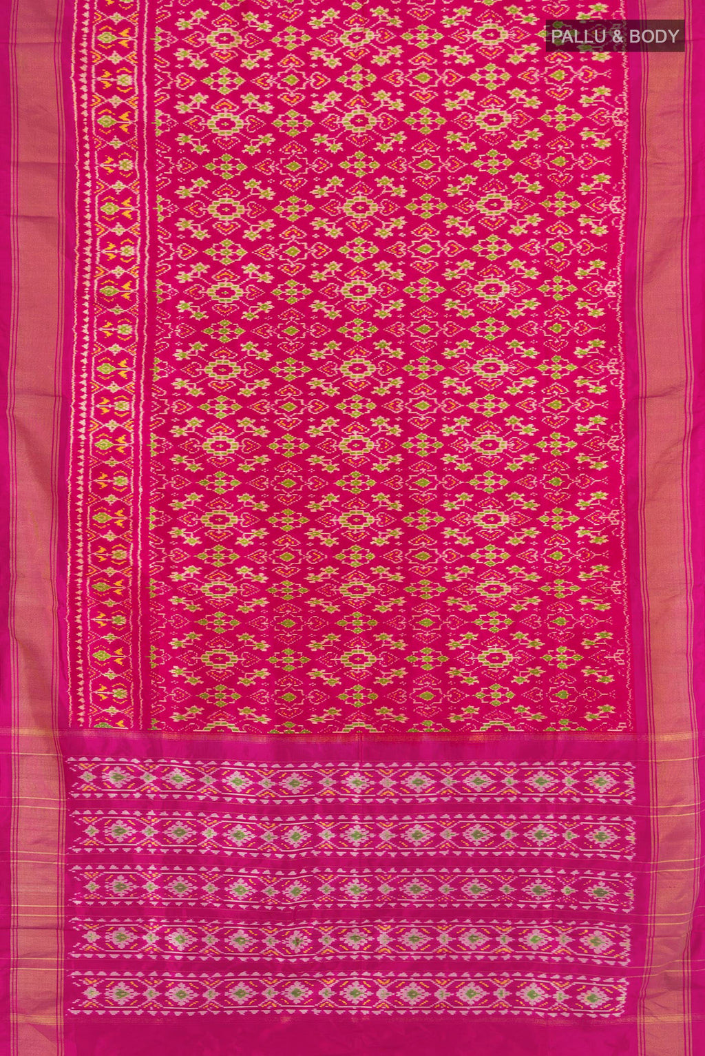 Flat view of Multi Color Pochampally Saree with Ikat Print on the body and Silk Border. 