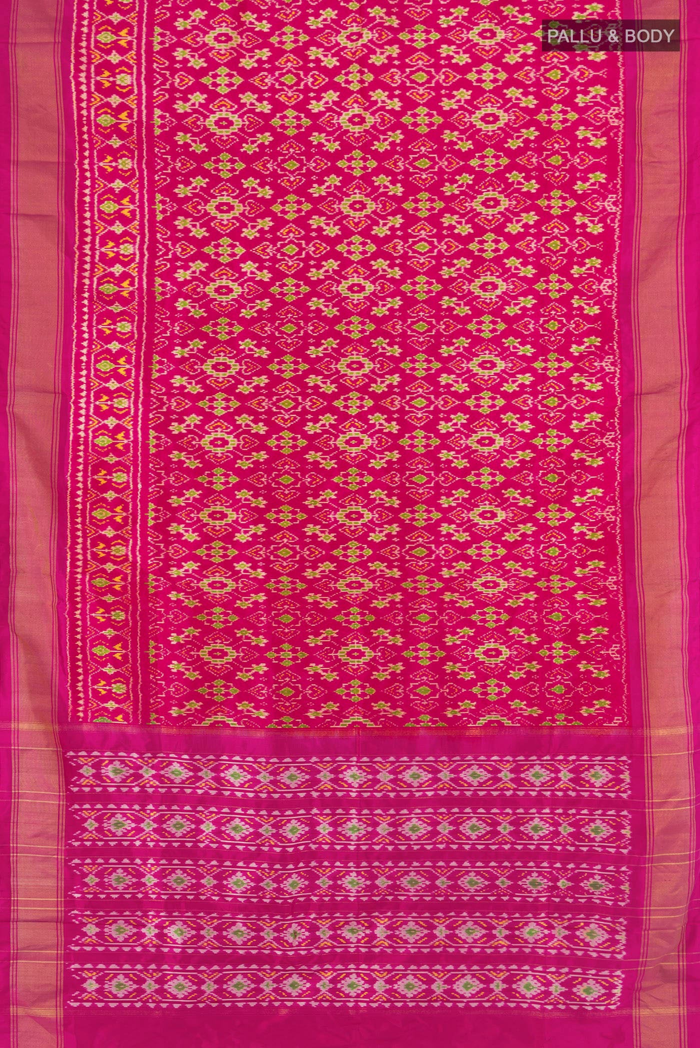 Flat view of Multi Color Pochampally Saree with Ikat Print on the body and Silk Border. 