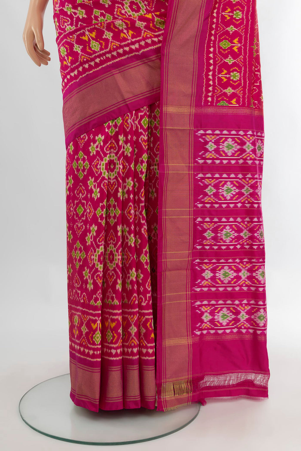 Pleats and pallu of Multi Color Pochampally Saree with Ikat Print on the body and Silk Border. 