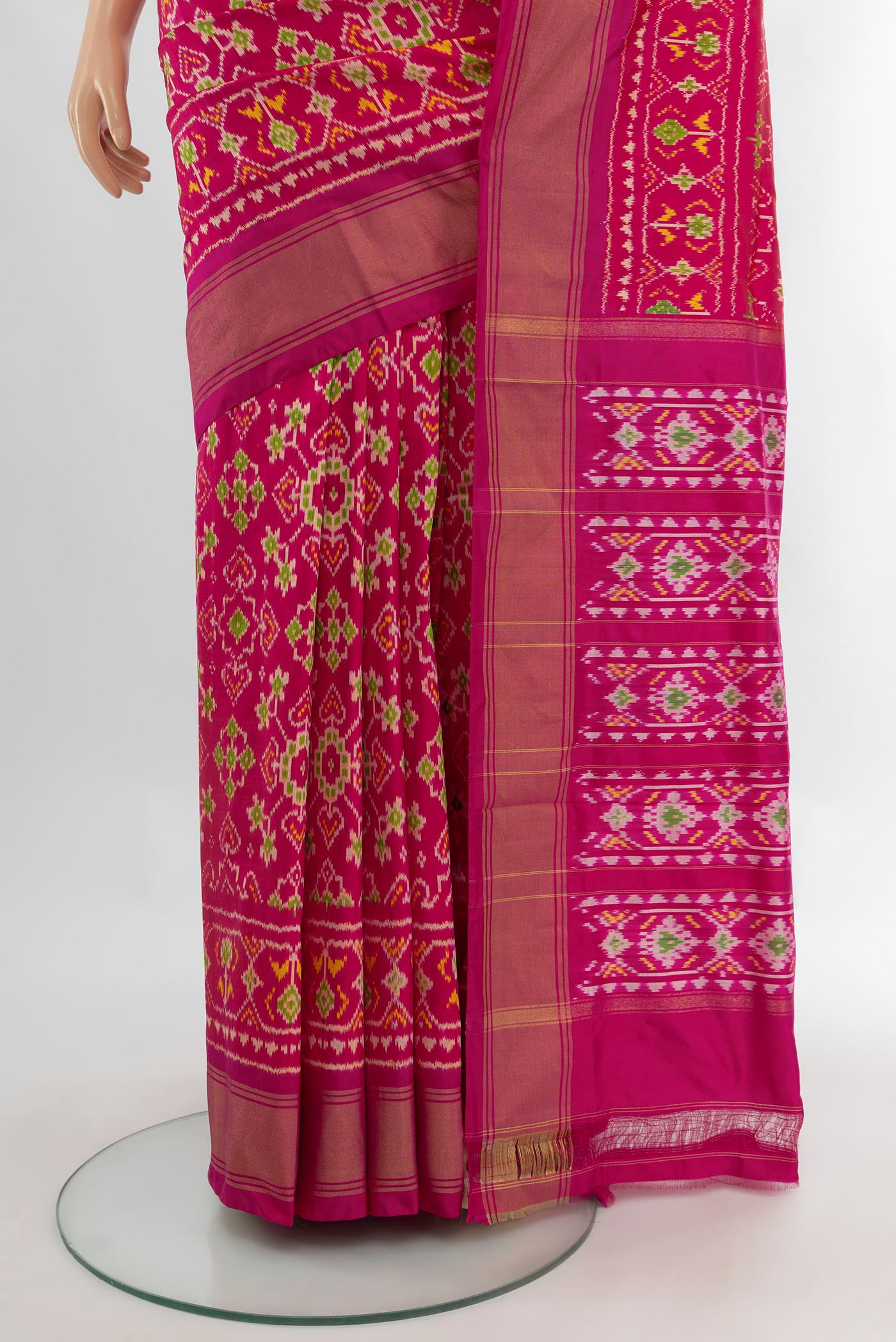 Pleats and pallu of Multi Color Pochampally Saree with Ikat Print on the body and Silk Border. 