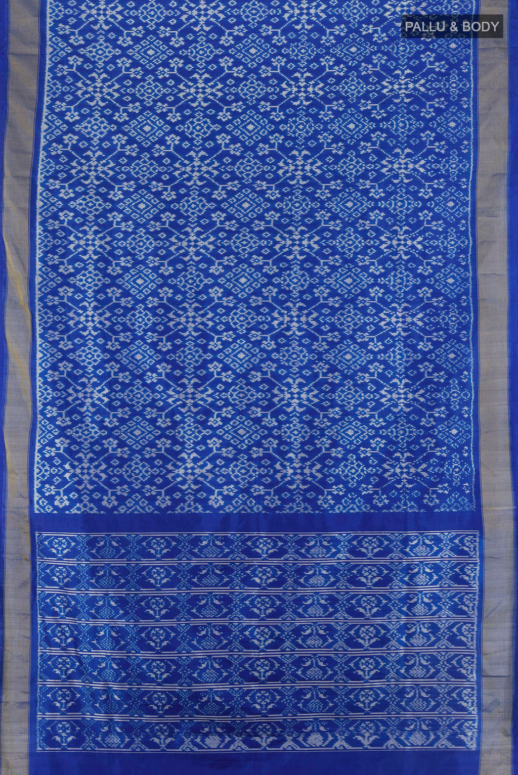 Flat view of Pure Silk Royal Blue Pochampally Saree with Pure Ikat on the body and Zari Border. 