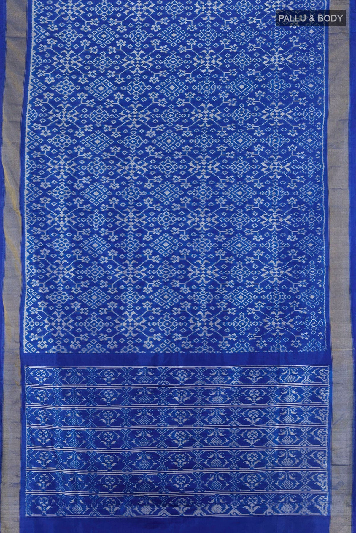 Flat view of Pure Silk Royal Blue Pochampally Saree with Pure Ikat on the body and Zari Border. 