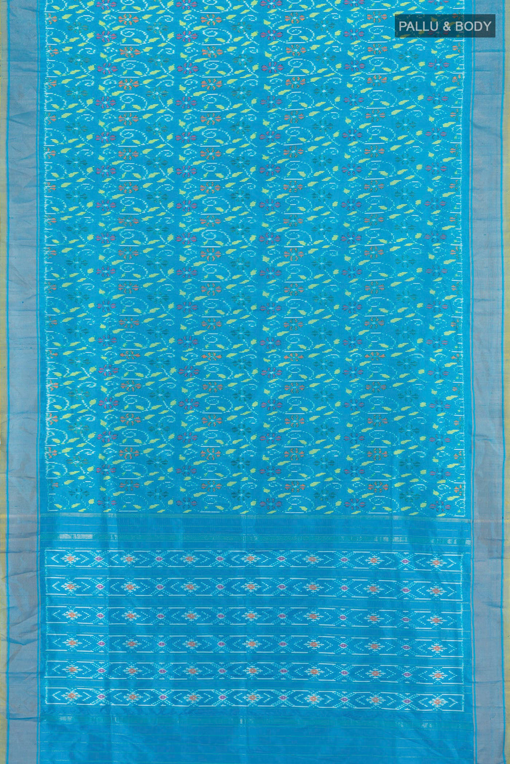 Flat view of Sky Blue Pochampally Silk Saree with Pure Ikat on the body and Zari Border. 