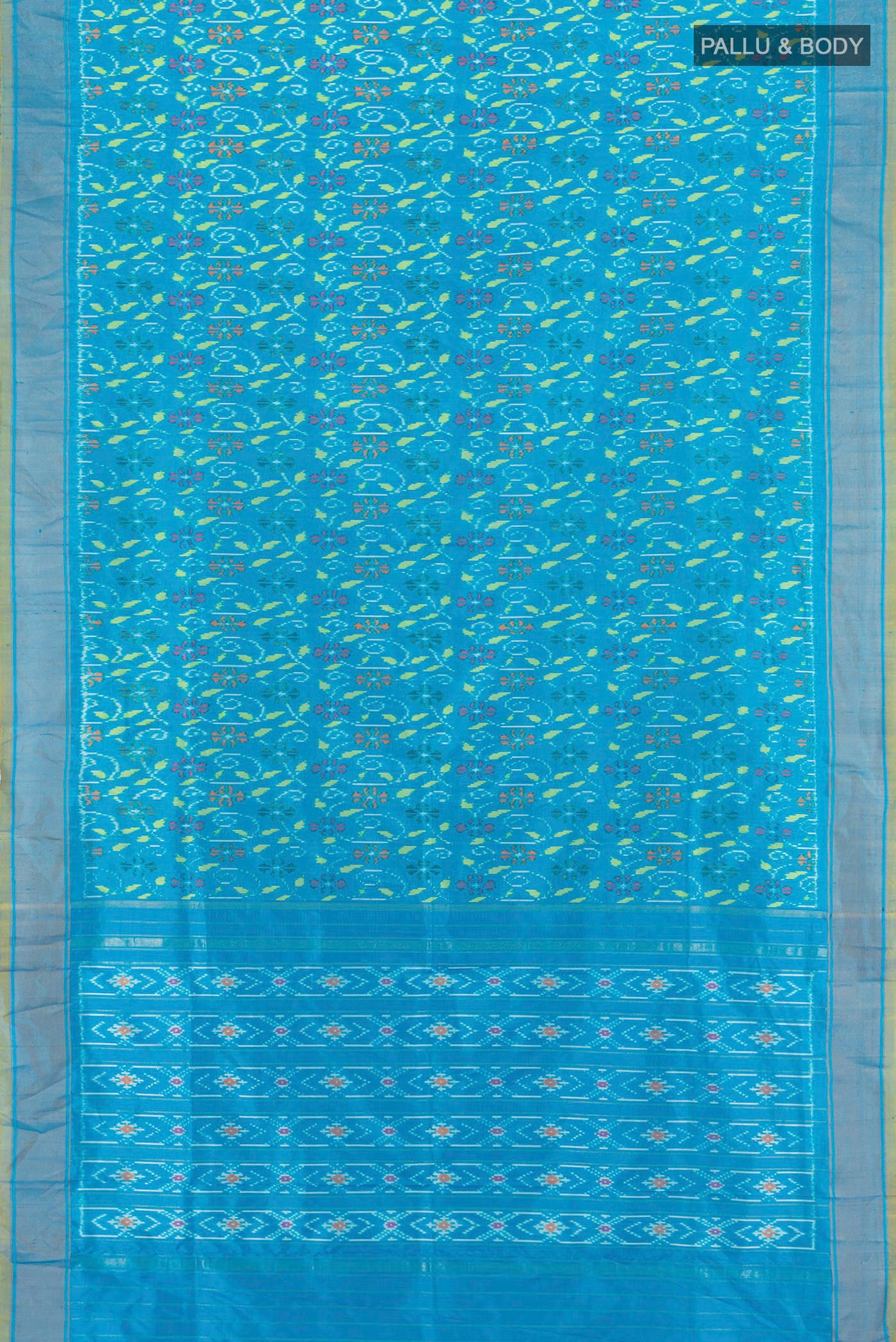 Flat view of Sky Blue Pochampally Silk Saree with Pure Ikat on the body and Zari Border. 