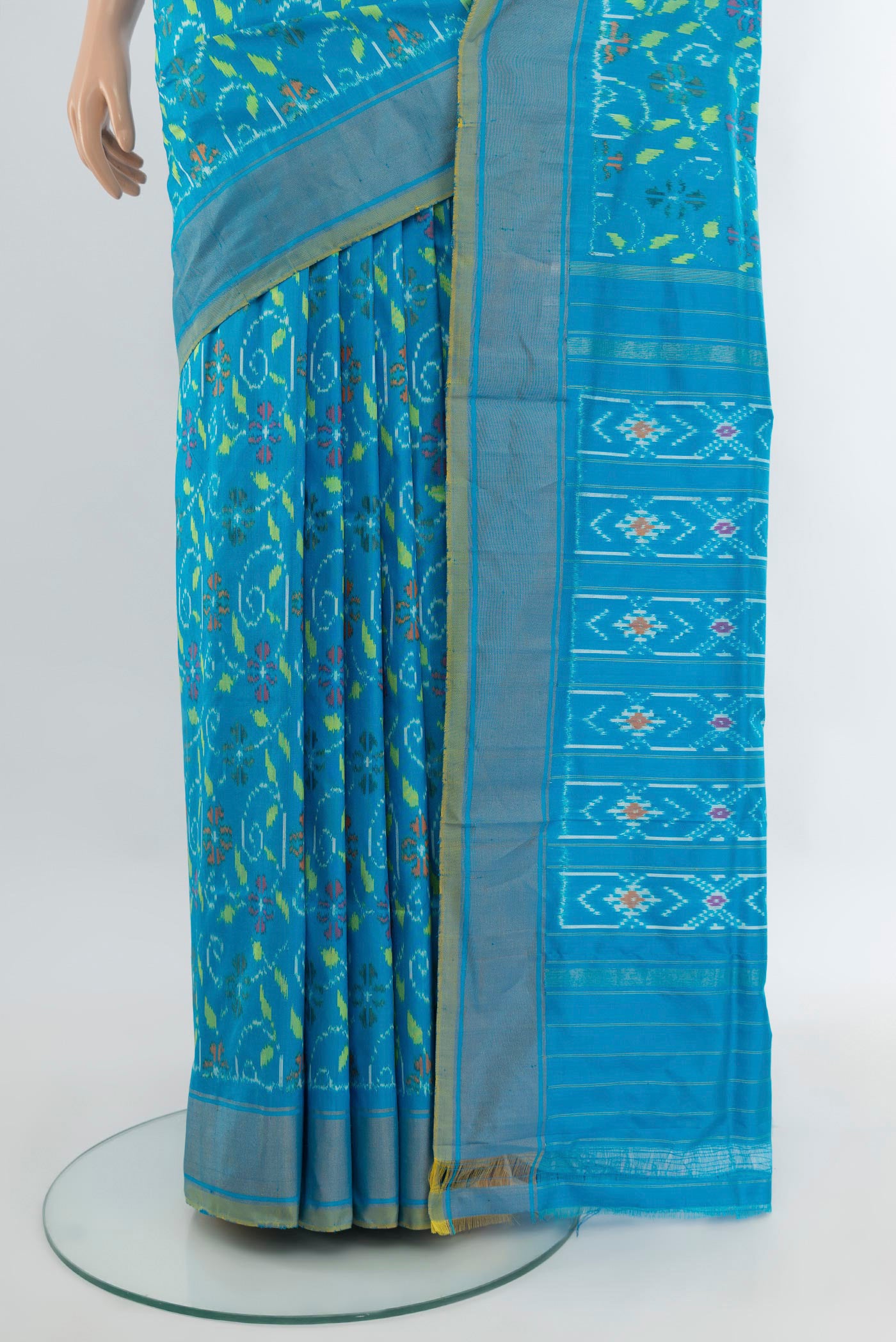 Pleats and pallu of Sky Blue Pochampally Silk Saree with Pure Ikat on the body and Zari Border. 