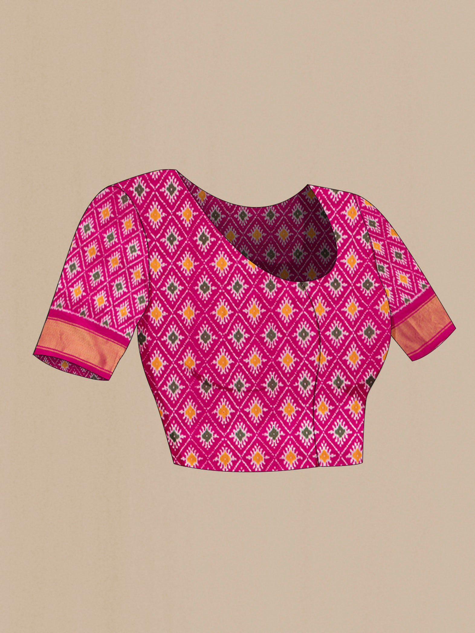Close up image of the blouse of Bottle Green Pochampally Silk Saree with Plain Body and Zari Border. 