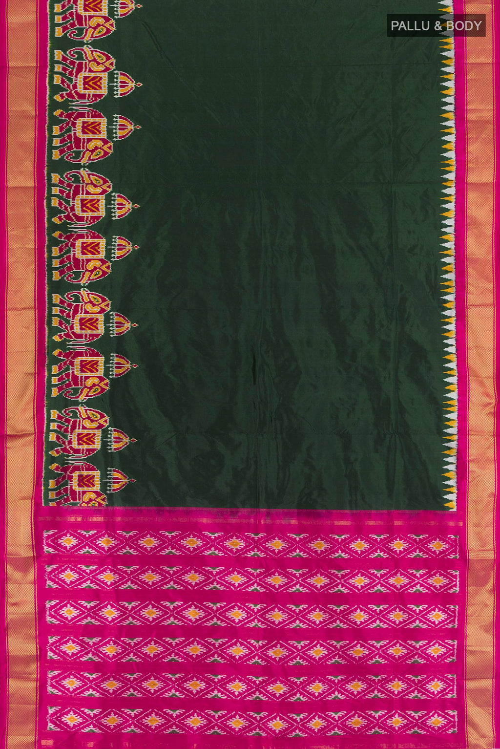 Flat view of Bottle Green Pochampally Silk Saree with Plain Body and Zari Border. 