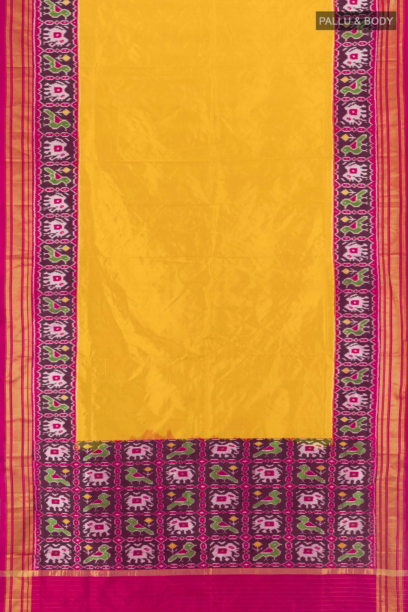 Flat view of Yellow Pochampally Silk Saree with Plain Body and Zari Border. 