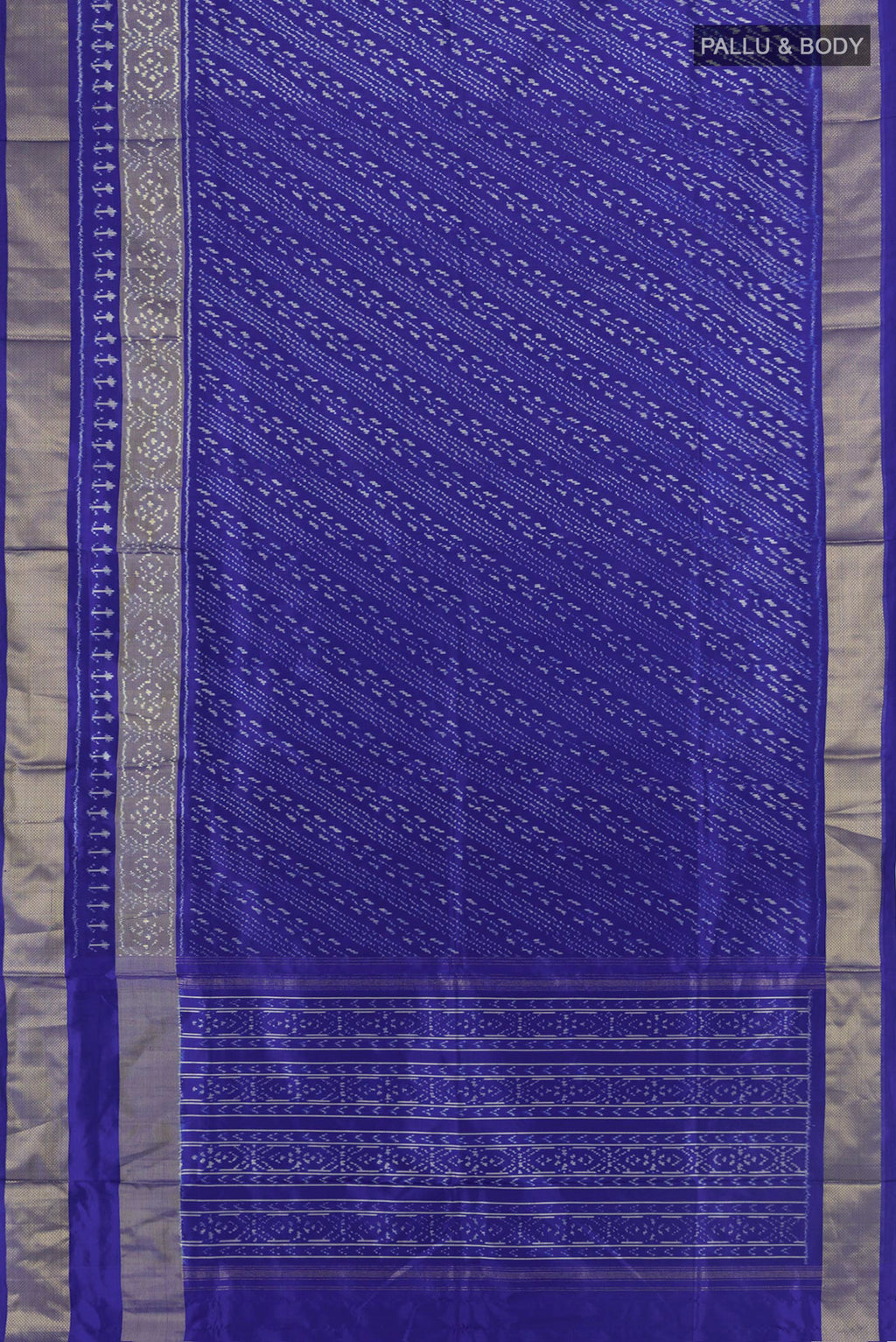 Flat view of Pure Silk Blue Pochampally Saree with Pure Ikat on the body and Zari Border. 