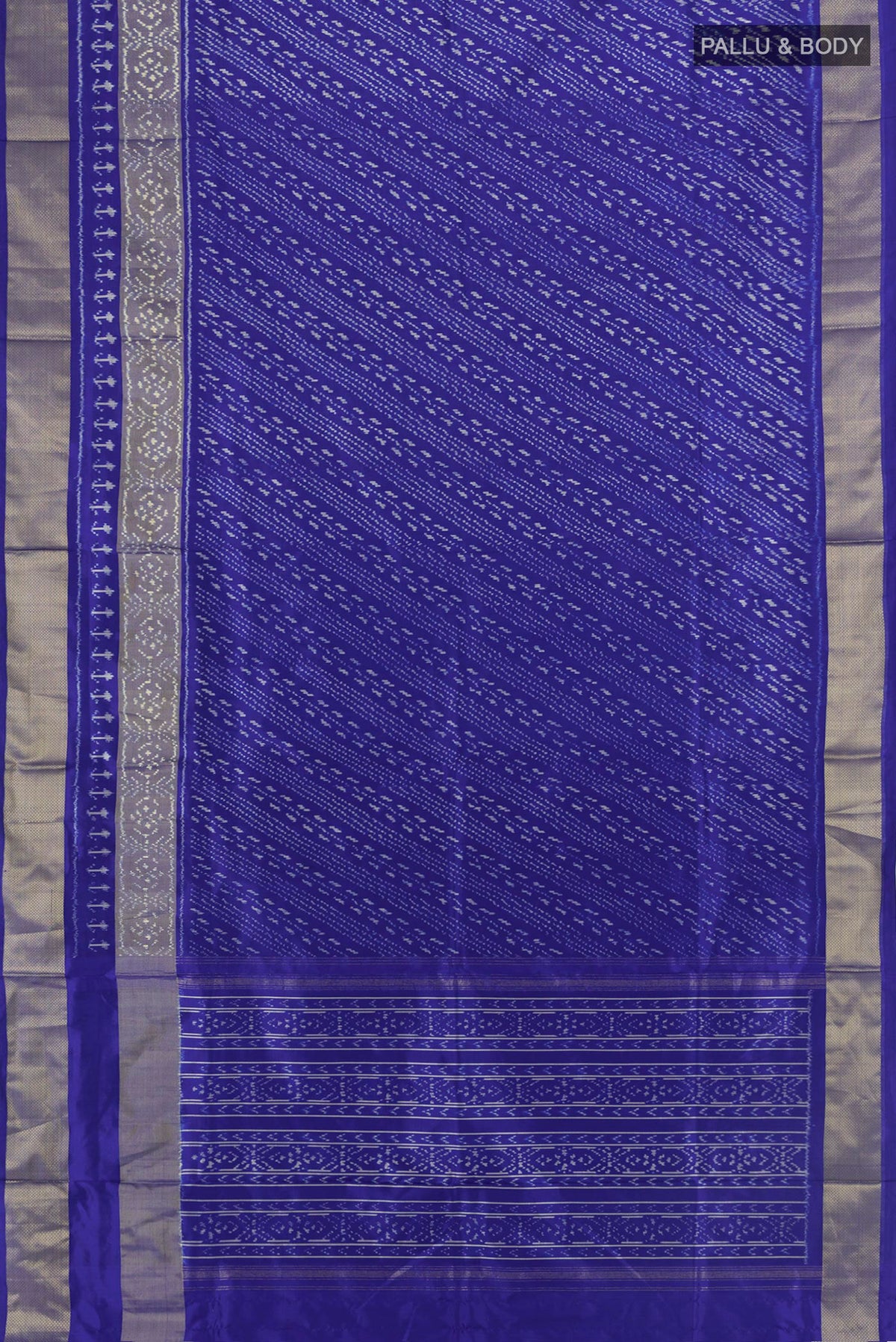 Flat view of Pure Silk Blue Pochampally Saree with Pure Ikat on the body and Zari Border. 