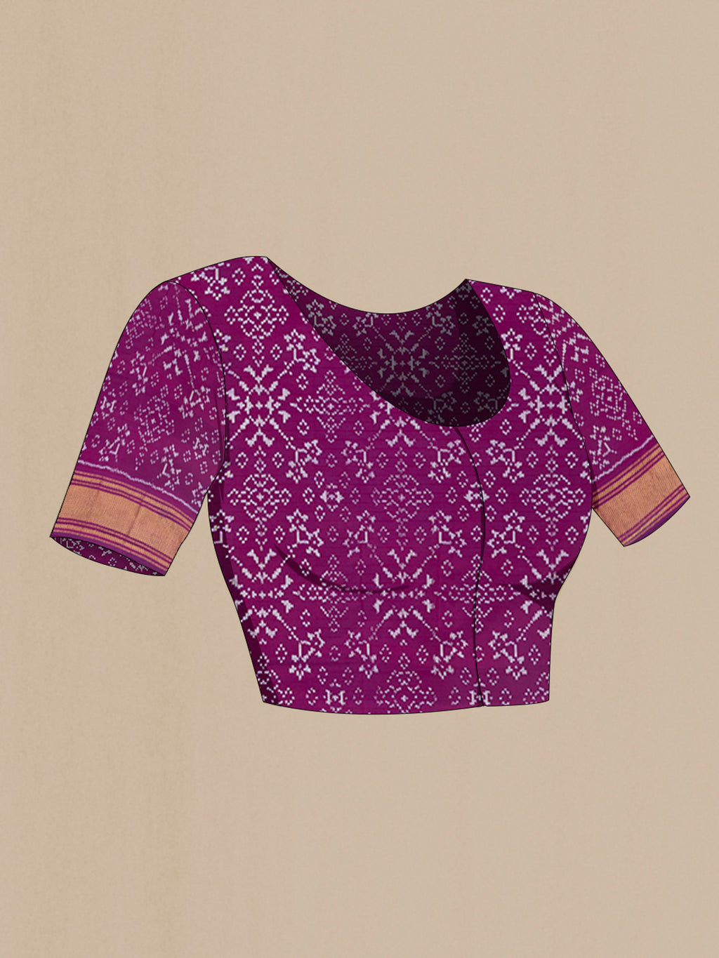 Close up image of the blouse of Purple Pochampally Silk Saree with Ikat design on the body and Zari Border. 