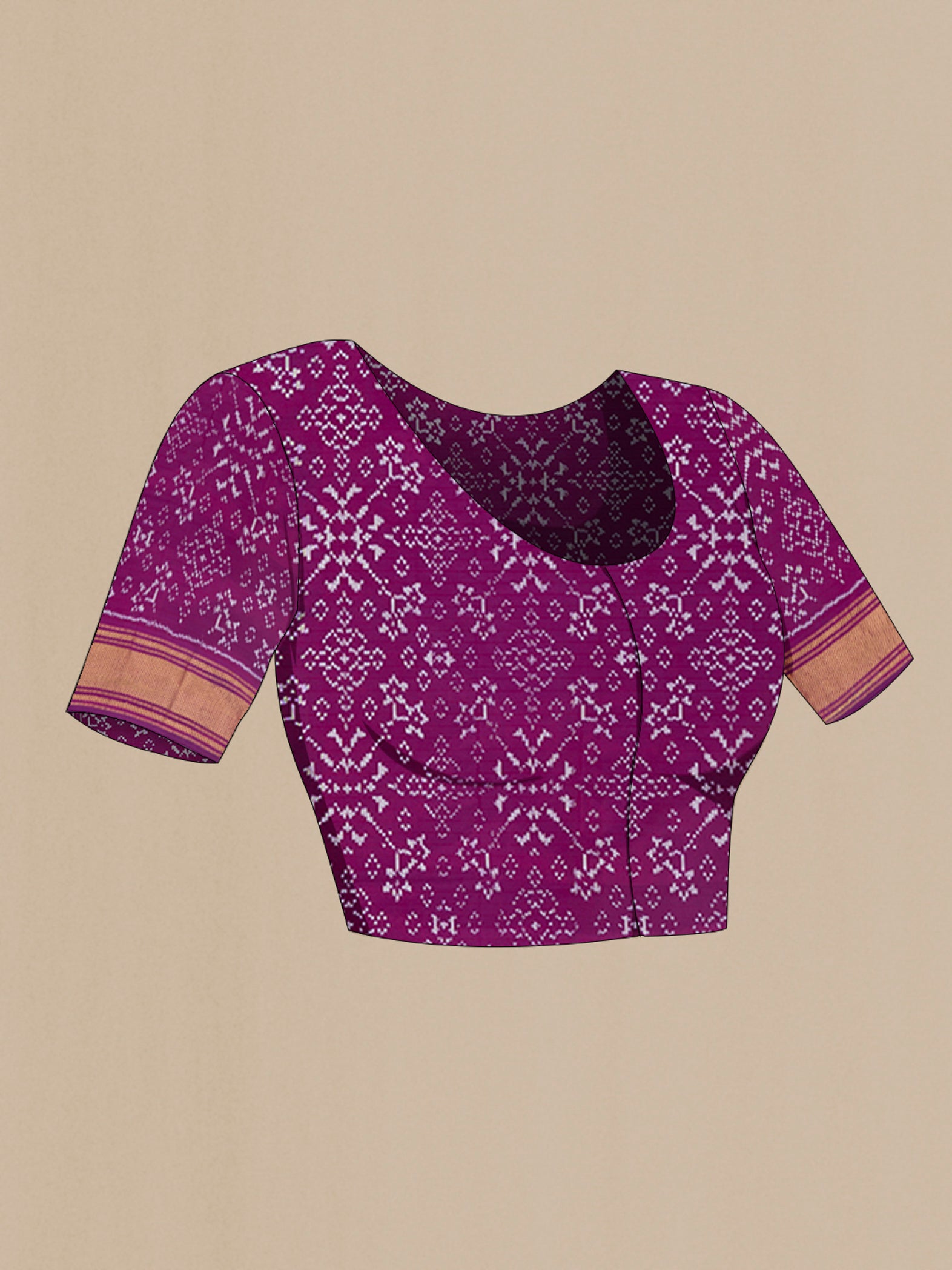 Close up image of the blouse of Purple Pochampally Silk Saree with Ikat design on the body and Zari Border. 