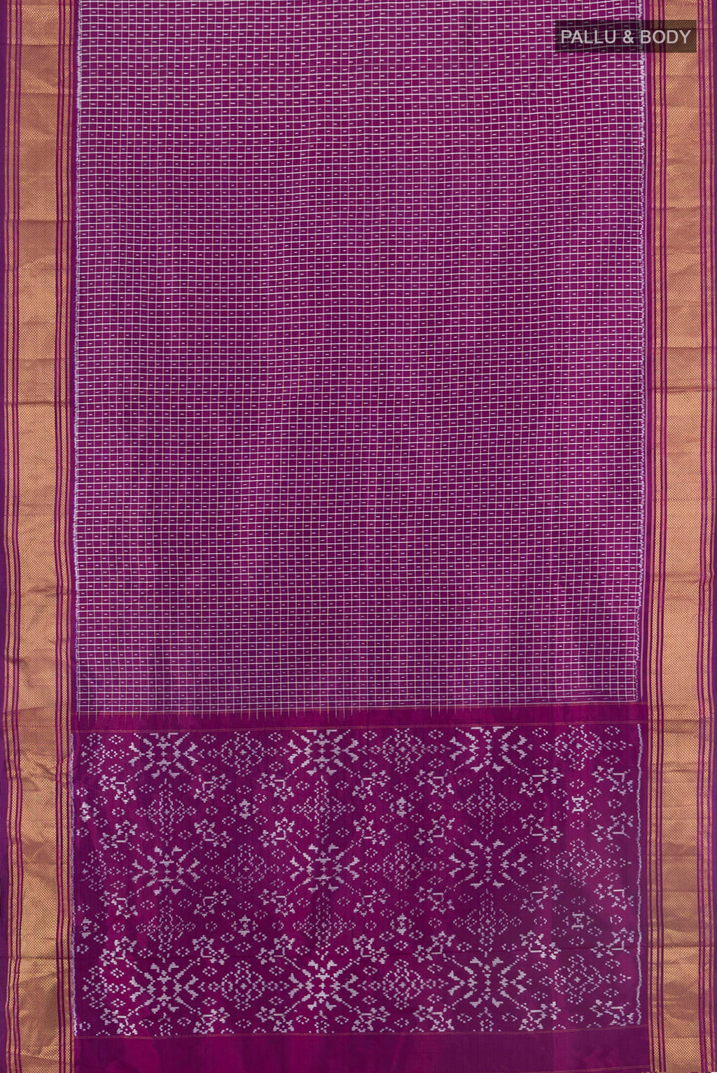 Flat view of Purple Pochampally Silk Saree with Ikat design on the body and Zari Border. 