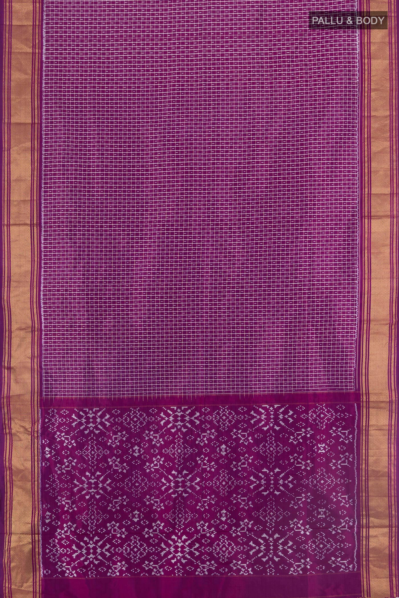 Flat view of Purple Pochampally Silk Saree with Ikat design on the body and Zari Border. 