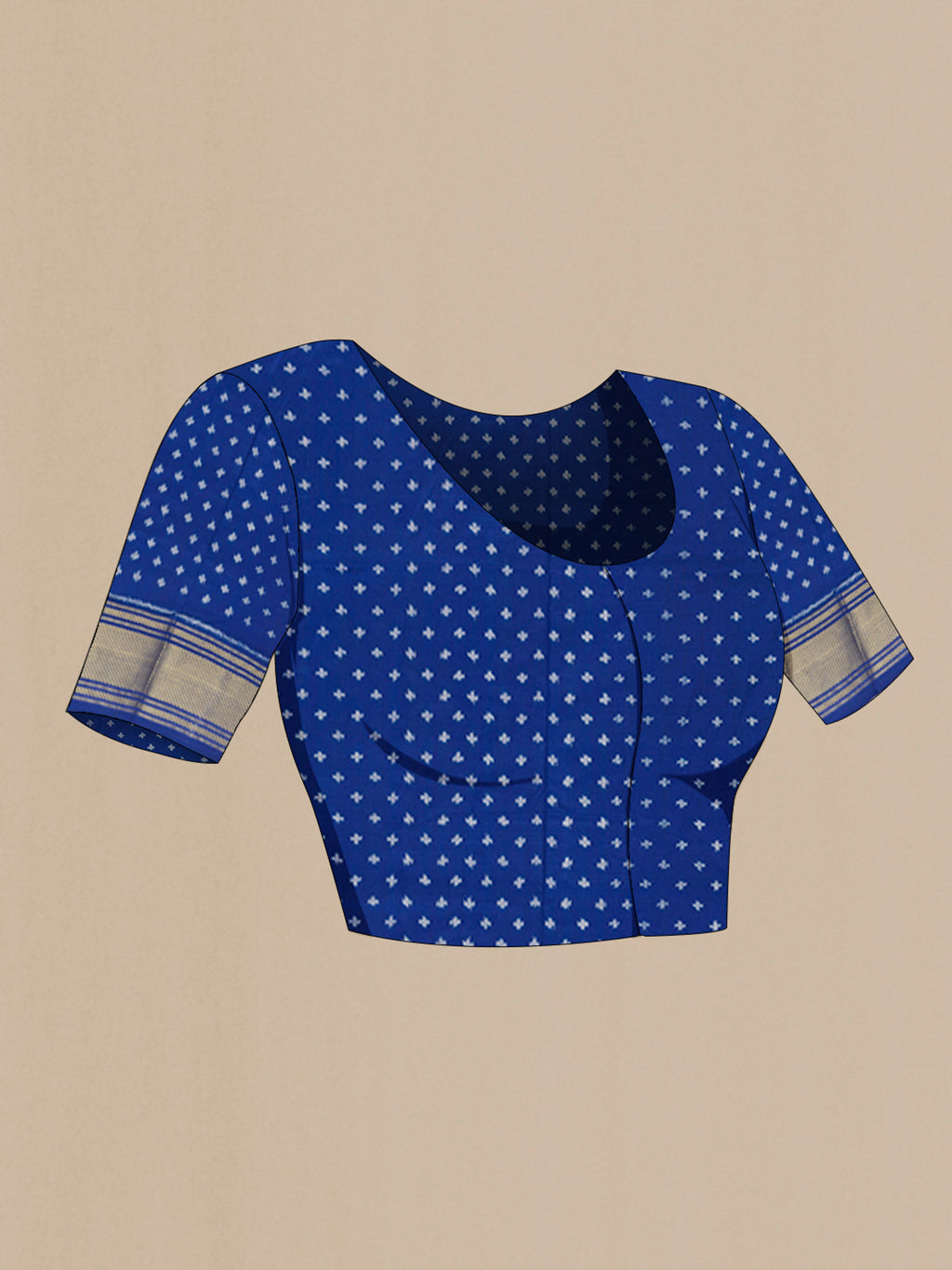 Close up image of the blouse of Royal Blue Pochampally Silk Saree with Ikat design on the body and Zari Border. 