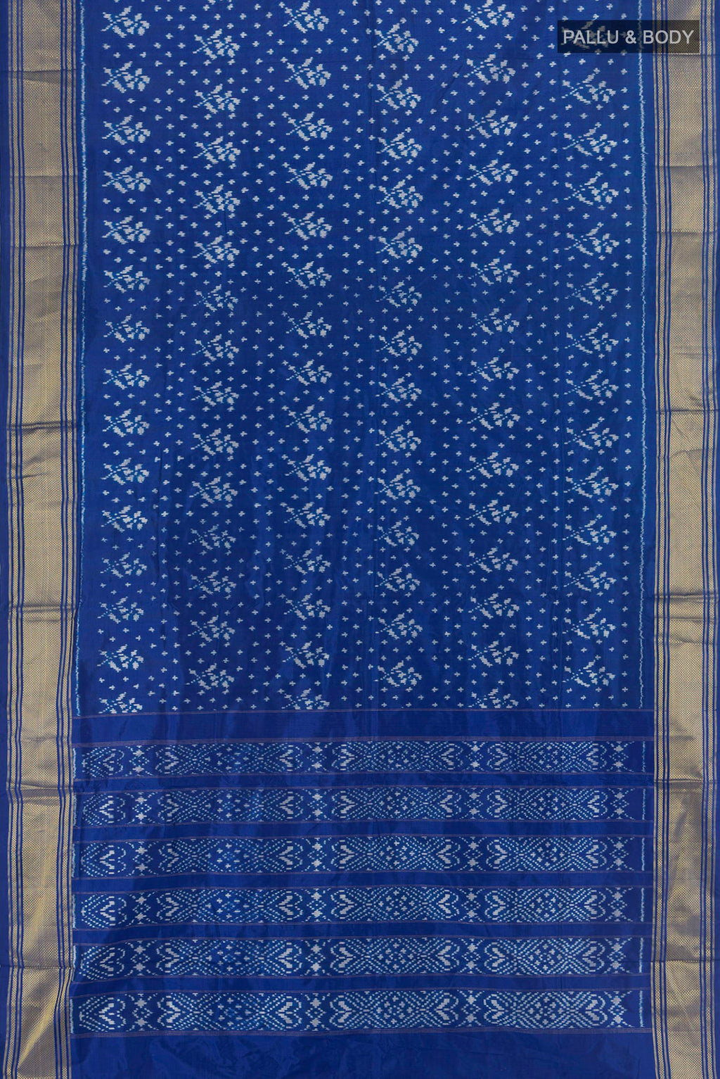 Flat view of Royal Blue Pochampally Silk Saree with Ikat design on the body and Zari Border. 