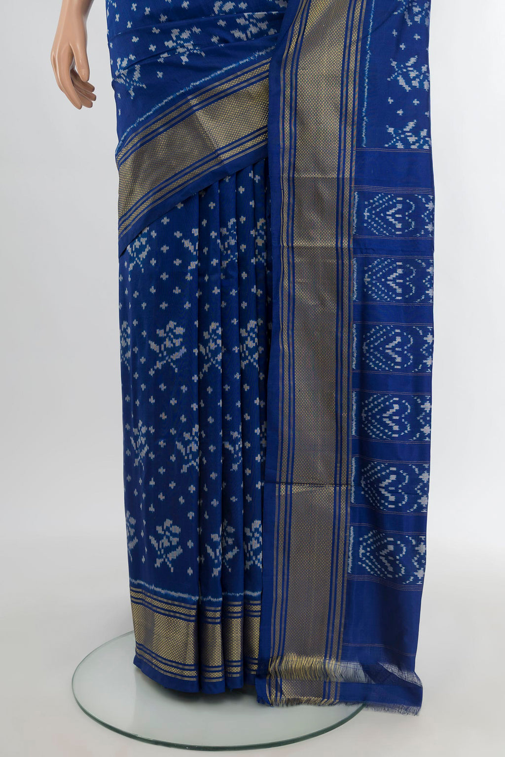 Pleats and pallu of Royal Blue Pochampally Silk Saree with Ikat design on the body and Zari Border. 