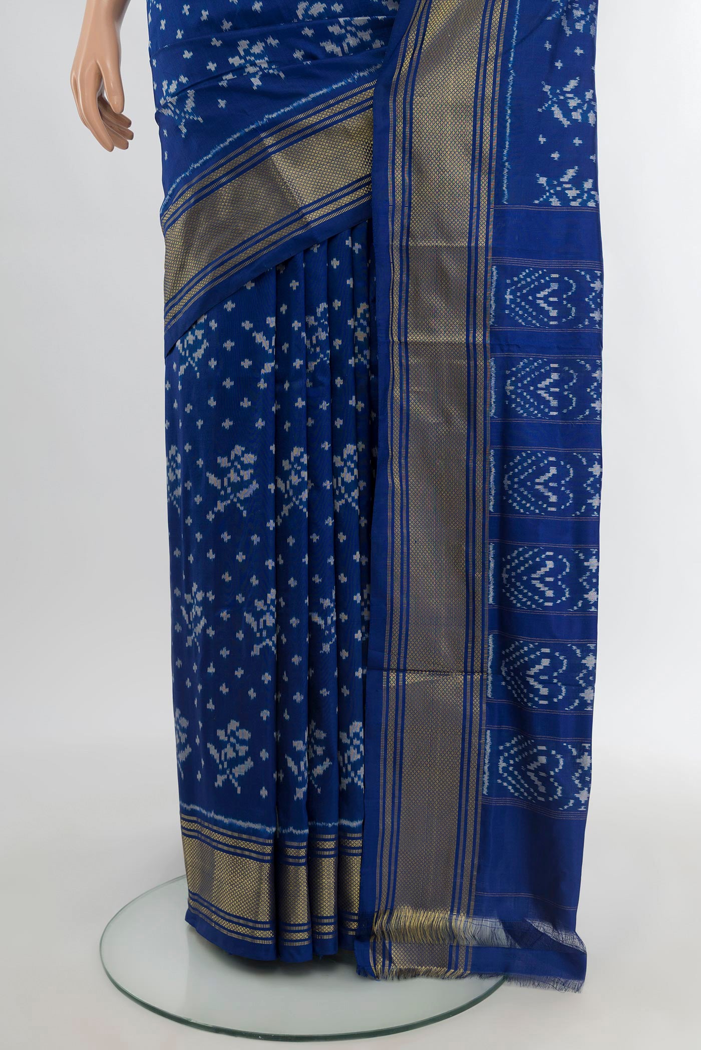 Pleats and pallu of Royal Blue Pochampally Silk Saree with Ikat design on the body and Zari Border. 
