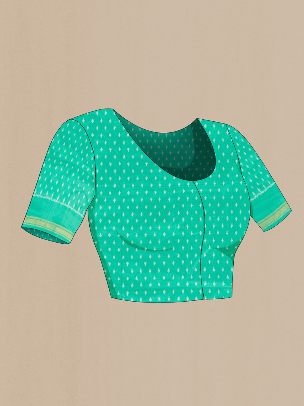 Close up image of the blouse of Sea Green Pochampally Silk Saree with Pure Ikat on the body and Ikat Border. 