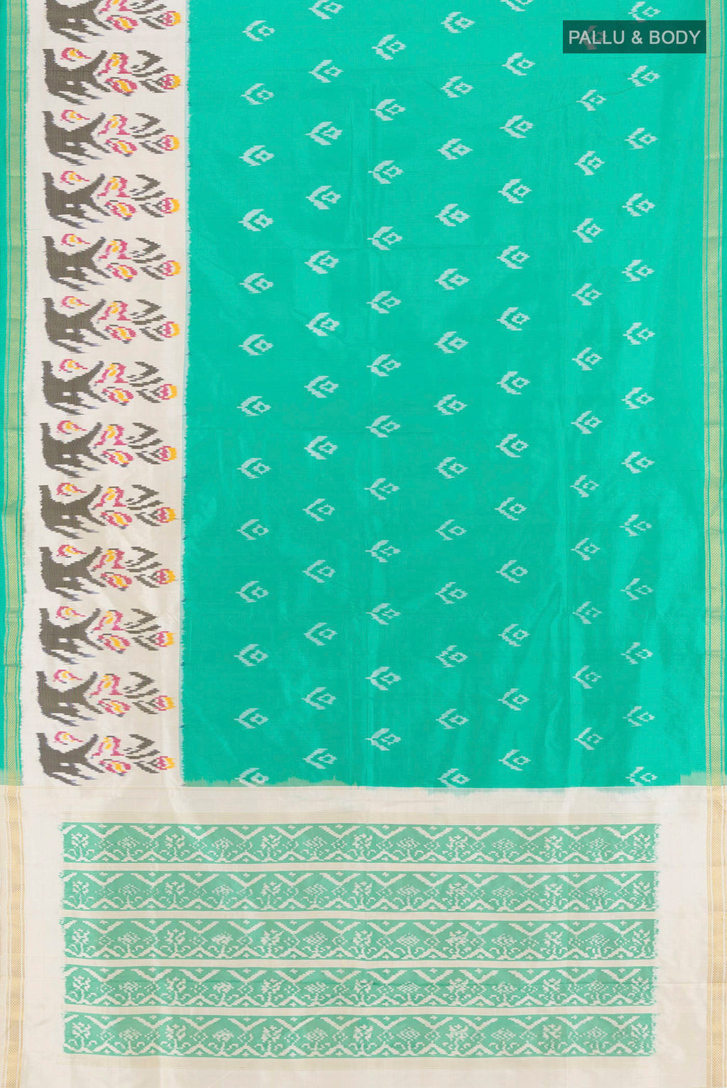 Flat view of Sea Green Pochampally Silk Saree with Pure Ikat on the body and Ikat Border. 