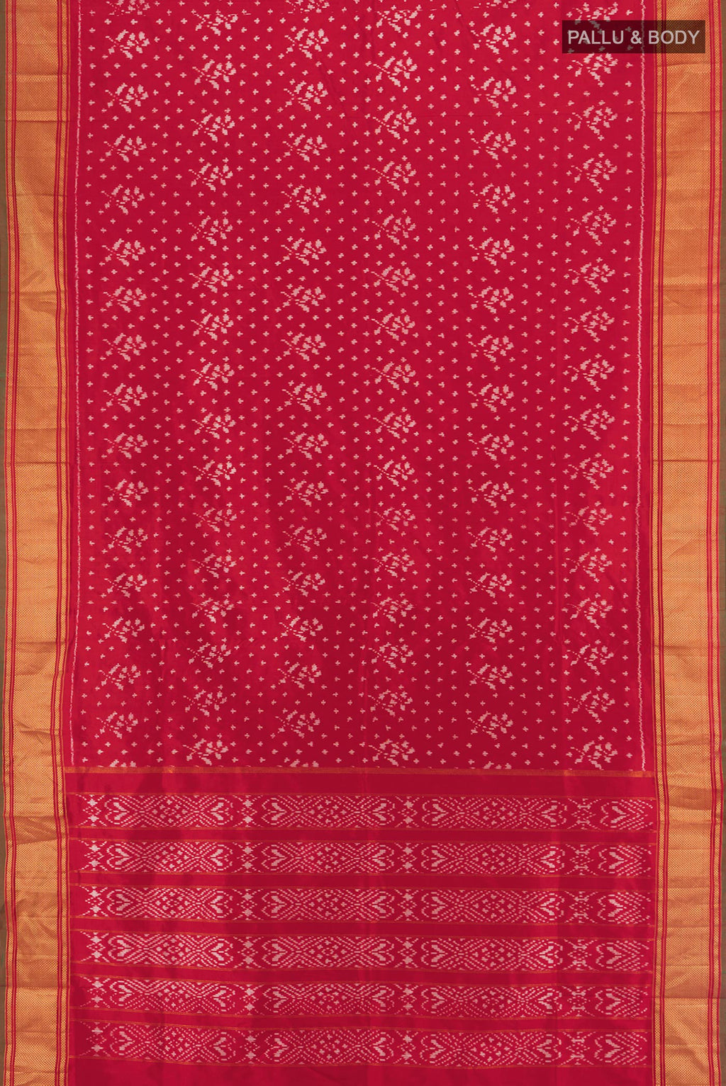 Flat view of Red Pochampally Silk Saree with Ikat design on the body and Zari Border. 