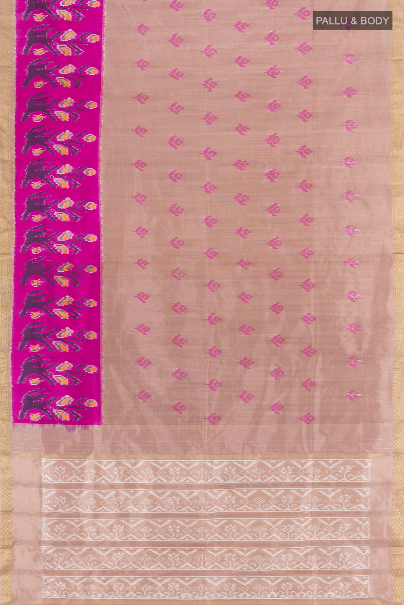 Flat view of Dark Beige Pochampally Silk Saree with Pure Ikat on the body and Ikat Border. 