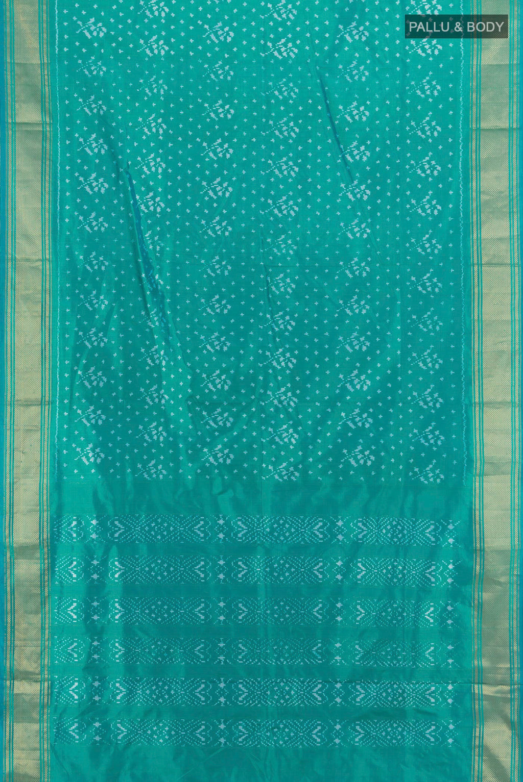 Flat view of Pure Silk Sea Green Pochampally Saree with Pure Ikat on the body and Zari Border. 