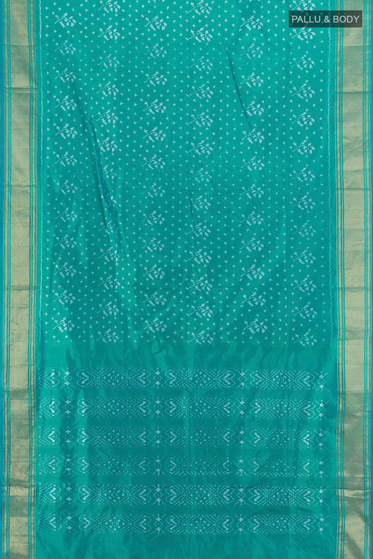 Flat view of Pure Silk Sea Green Pochampally Saree with Pure Ikat on the body and Zari Border. 