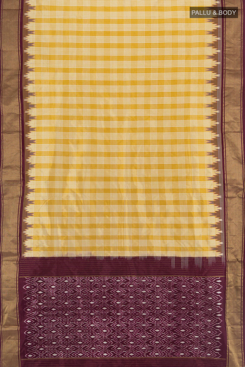 Flat view of Yellow Pochampally Silk Saree with Ikat Print on the body and Zari Border. 