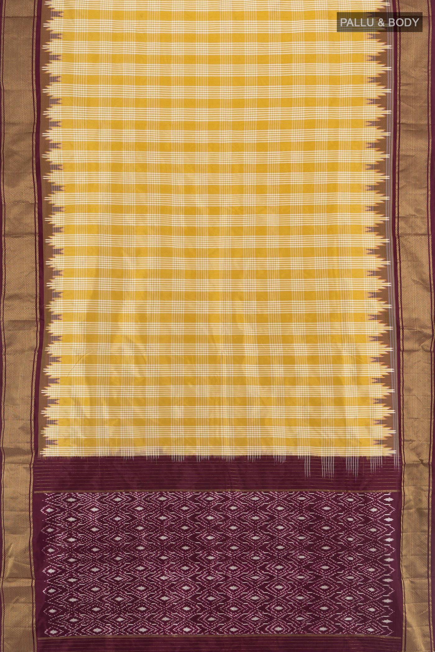 Flat view of Yellow Pochampally Silk Saree with Ikat Print on the body and Zari Border. 