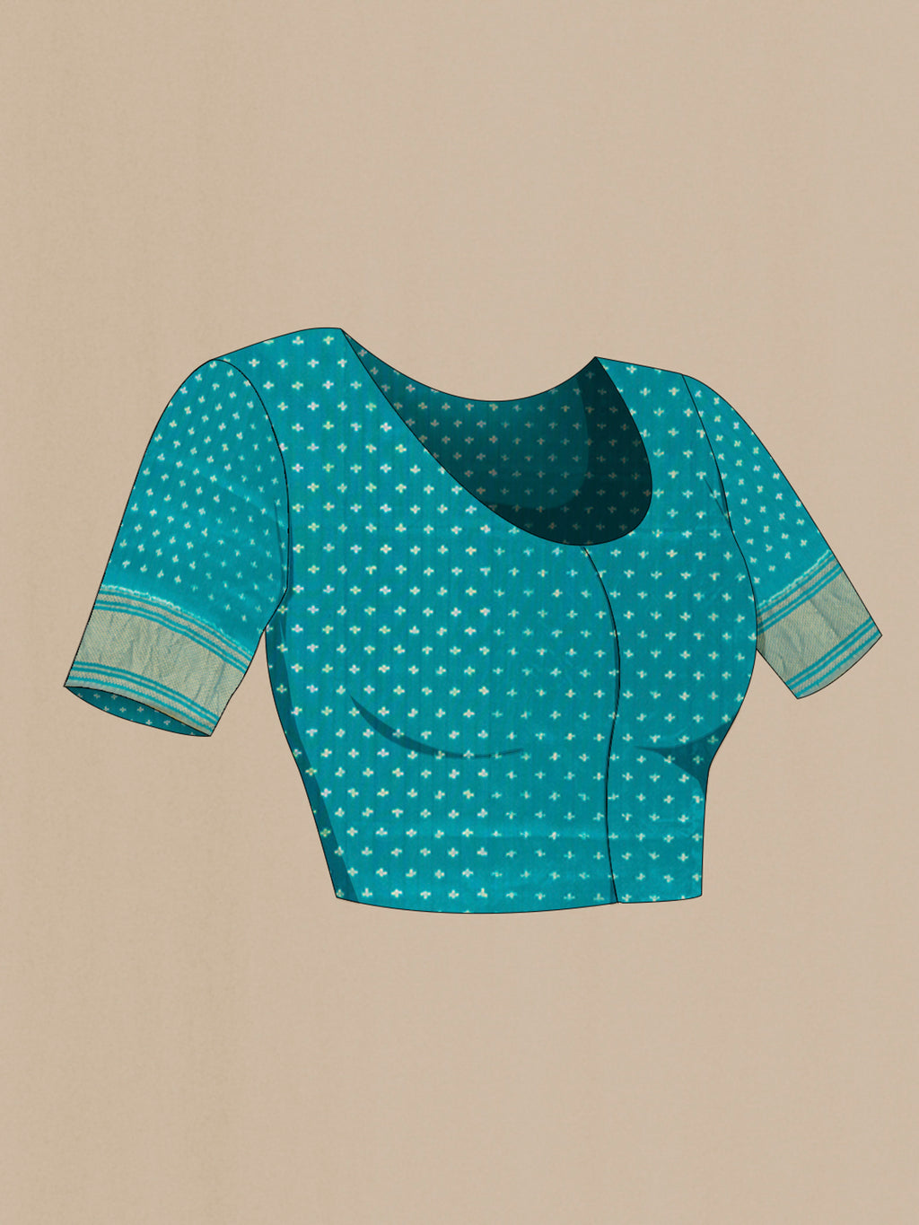 Close up image of the blouse of Light Blue Pochampally Silk Saree with Ikat design on the body and Zari Border. 