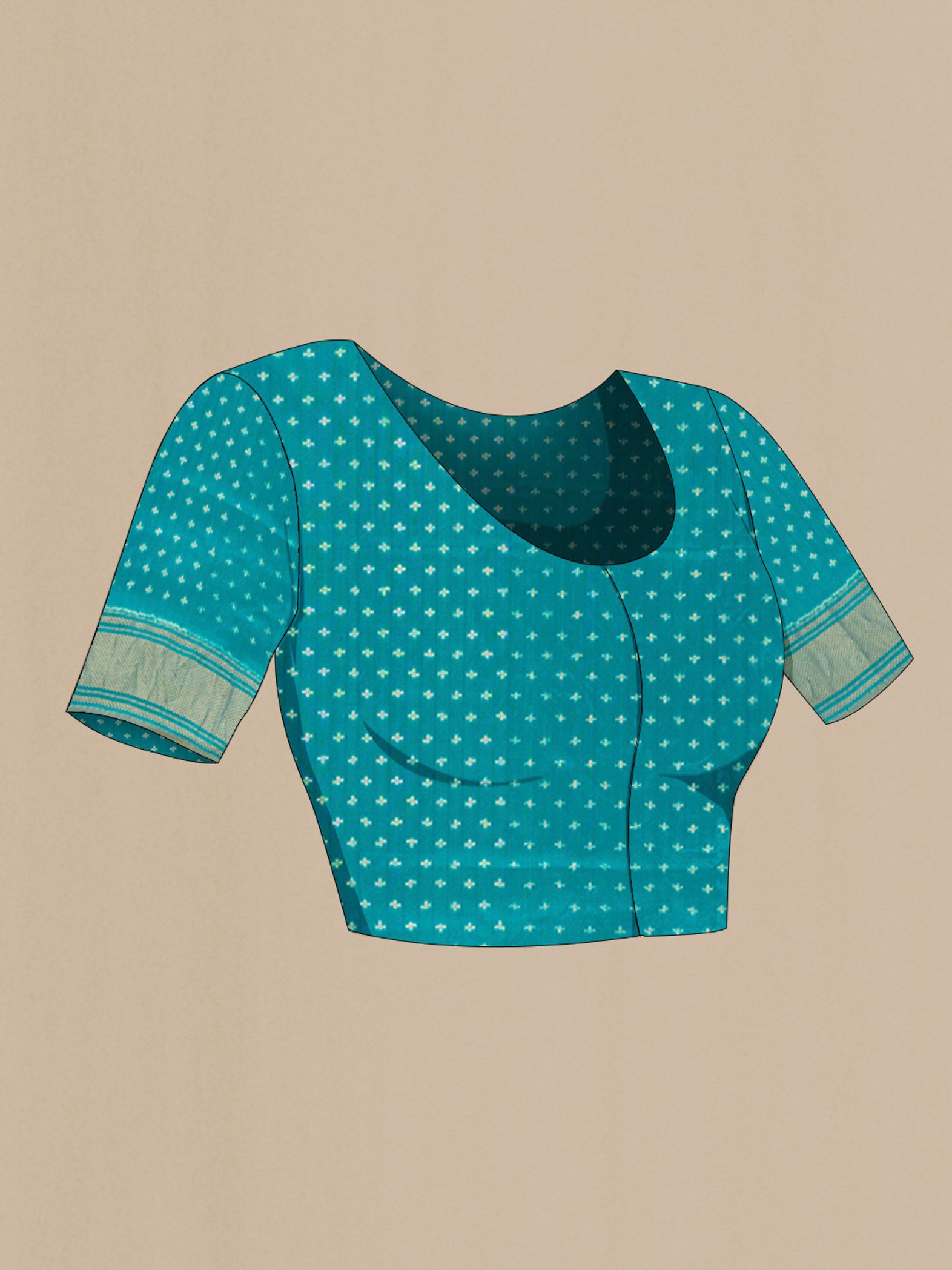 Close up image of the blouse of Light Blue Pochampally Silk Saree with Ikat design on the body and Zari Border. 