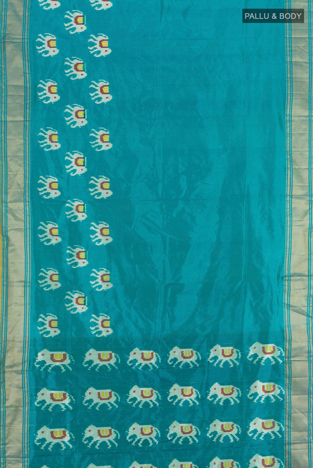 Flat view of Light Blue Pochampally Silk Saree with Ikat design on the body and Zari Border. 