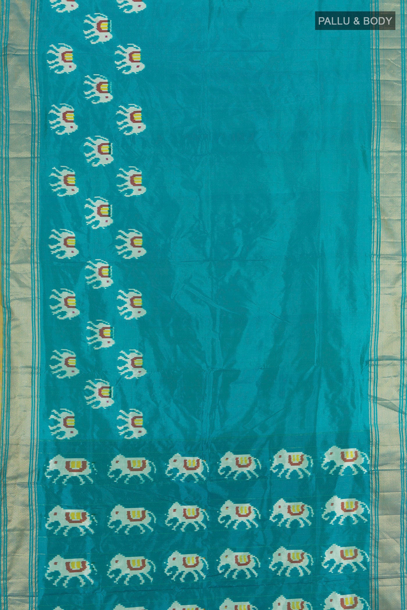Flat view of Light Blue Pochampally Silk Saree with Ikat design on the body and Zari Border. 