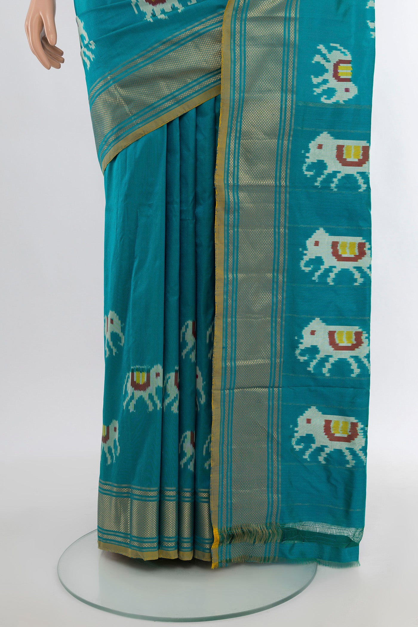 Pleats and pallu of Light Blue Pochampally Silk Saree with Ikat design on the body and Zari Border. 