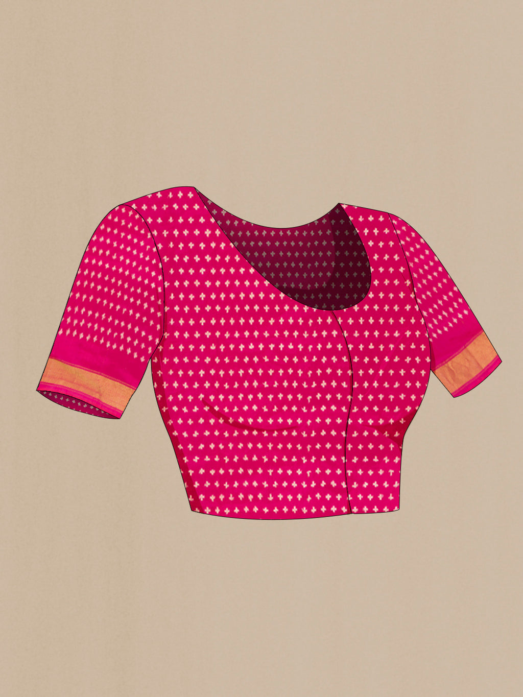 Close up image of the blouse of Dark Pink Pochampally Silk Saree with Pure Ikat on the body and Zari Border. 