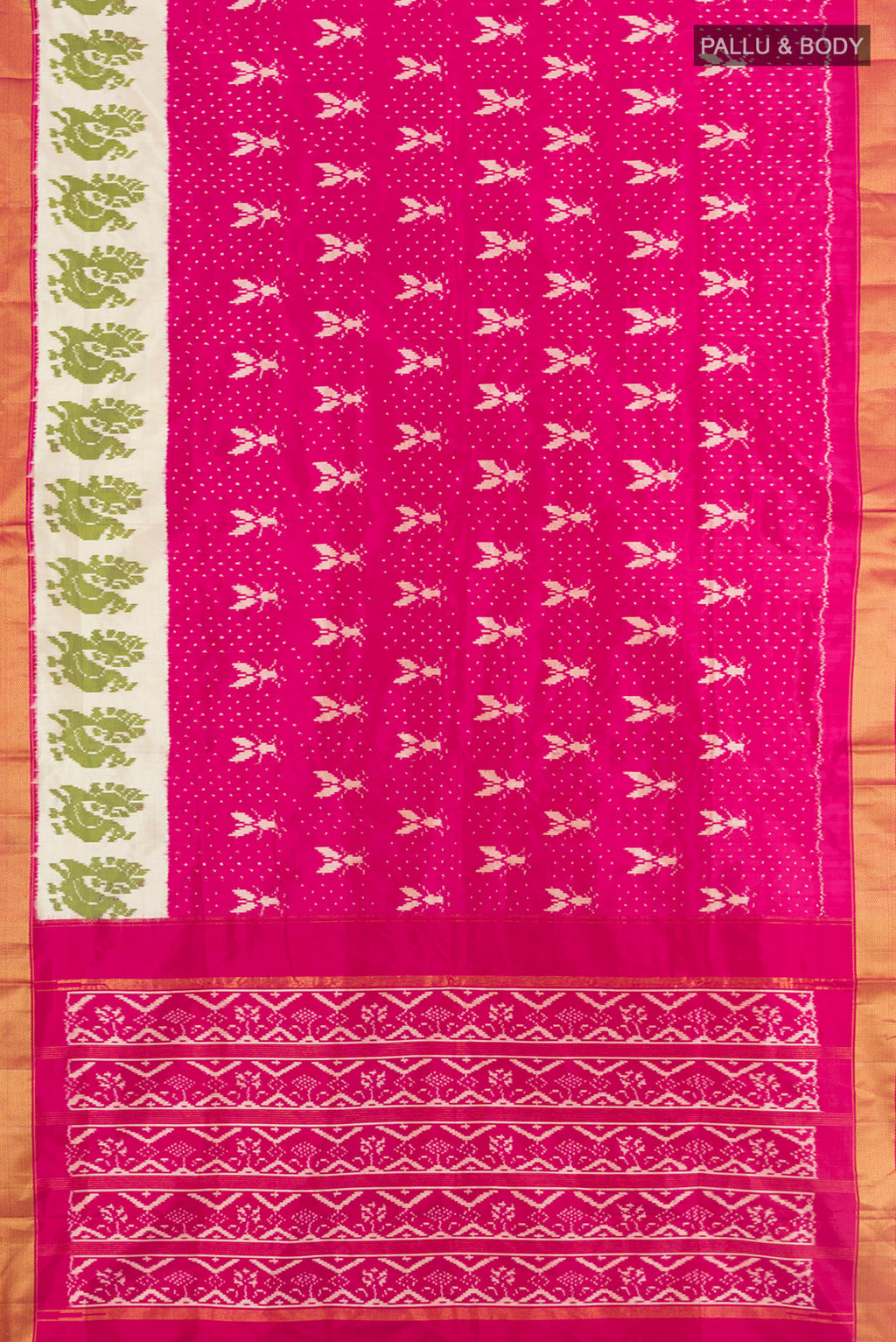 Flat view of Dark Pink Pochampally Silk Saree with Pure Ikat on the body and Zari Border. 