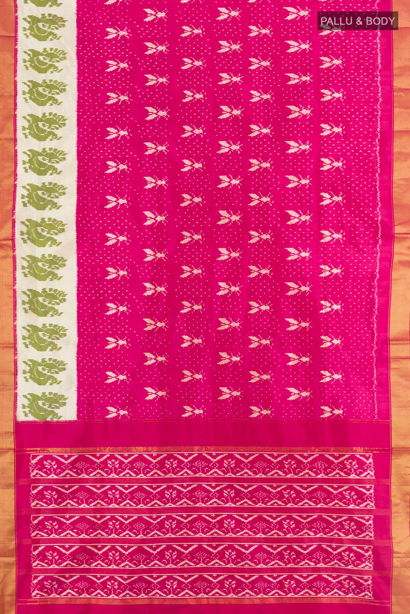 Flat view of Dark Pink Pochampally Silk Saree with Pure Ikat on the body and Zari Border. 