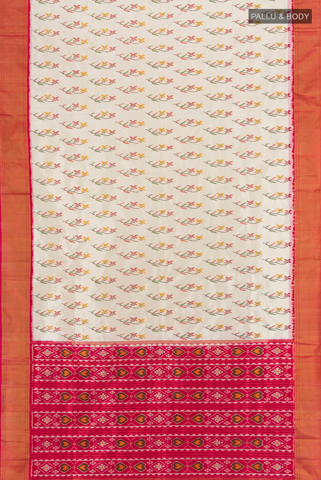 Flat view of Cream Pochampally Silk Saree with Pure Ikat on the body and Zari Border. 