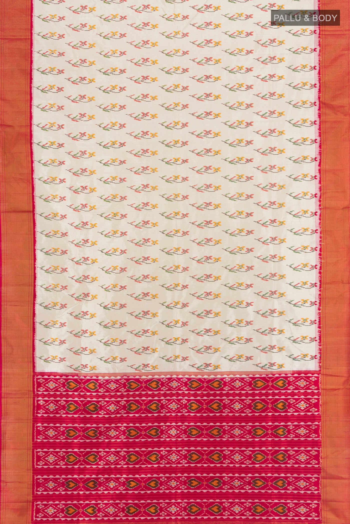Flat view of Cream Pochampally Silk Saree with Pure Ikat on the body and Zari Border. 