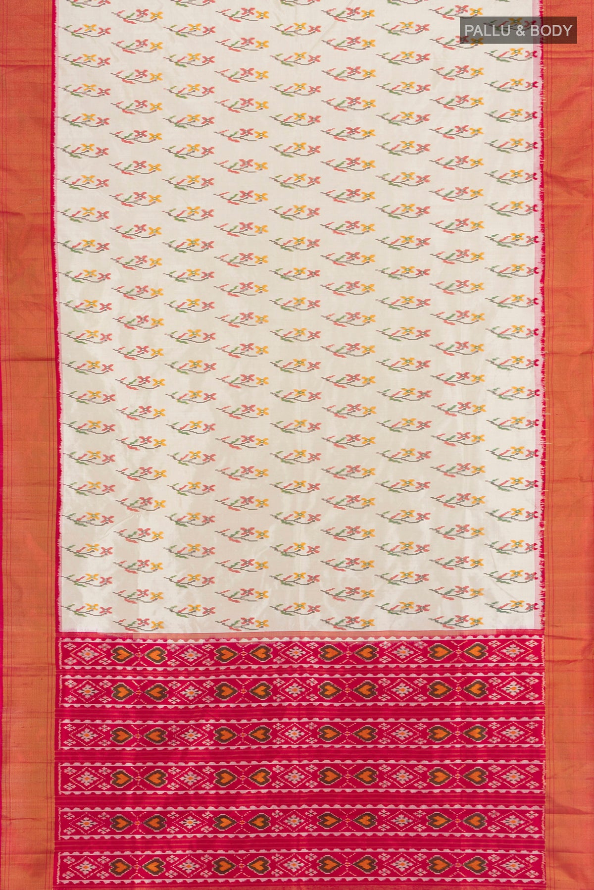 Flat view of Cream Pochampally Silk Saree with Pure Ikat on the body and Zari Border. 