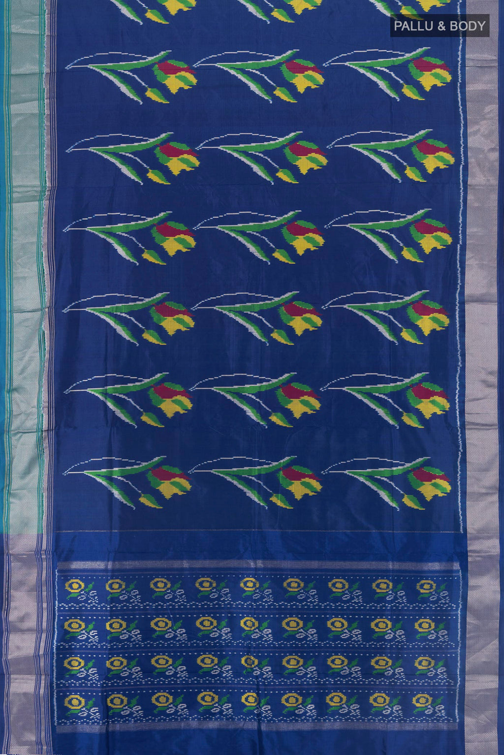 Flat view of Dark Blue Pochampally Silk Saree with Pure Ikat on the body and Zari Border. 