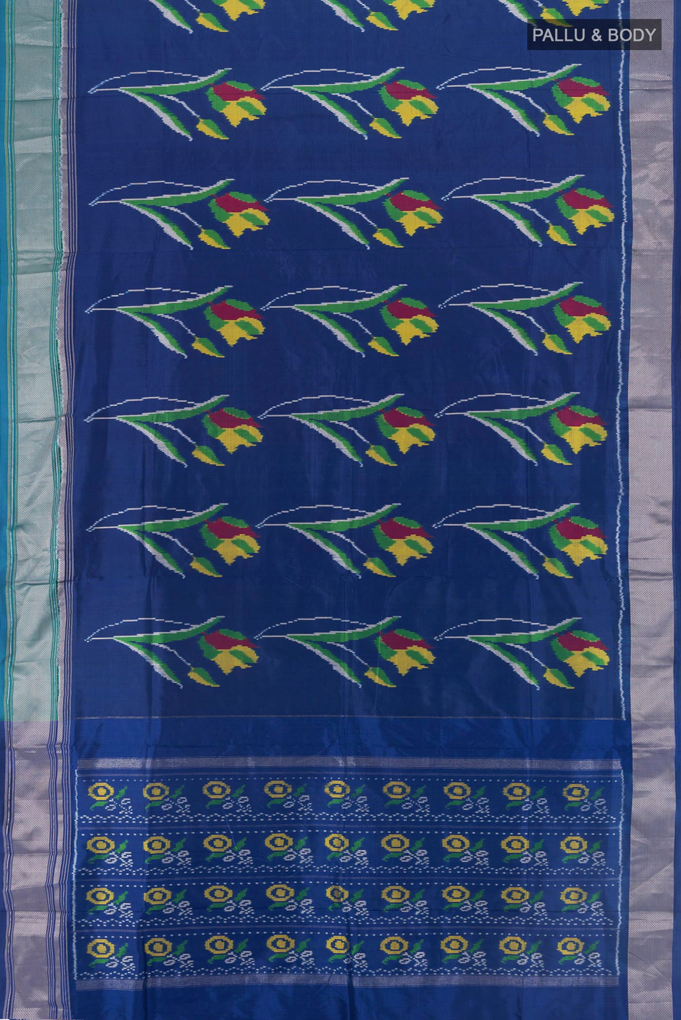 Flat view of Dark Blue Pochampally Silk Saree with Pure Ikat on the body and Zari Border. 