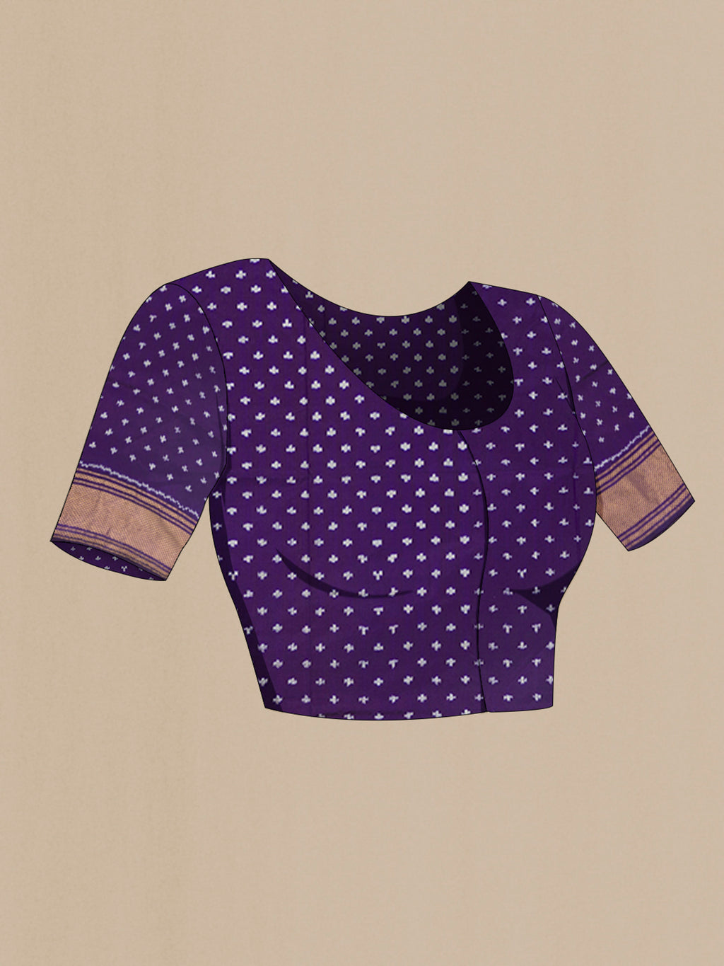 Close up image of the blouse of Violet Pochampally Silk Saree with Pure Ikat on the body and Zari Border. 
