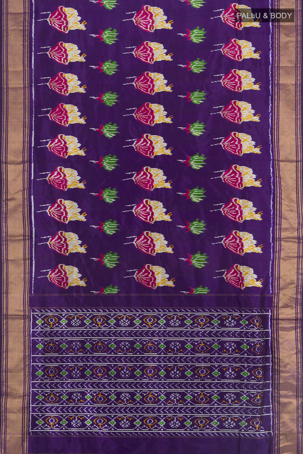 Flat view of Violet Pochampally Silk Saree with Pure Ikat on the body and Zari Border. 