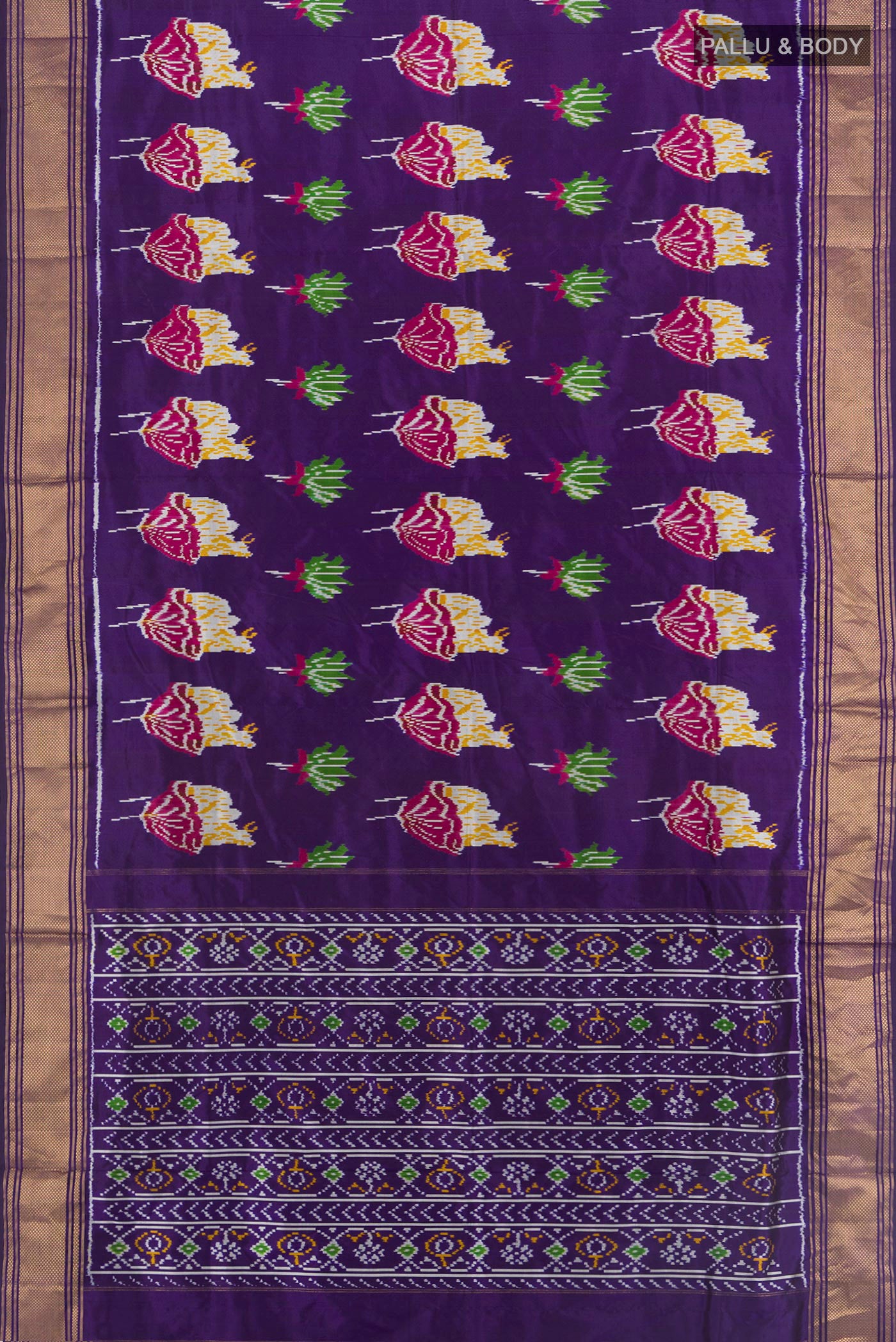 Flat view of Violet Pochampally Silk Saree with Pure Ikat on the body and Zari Border. 