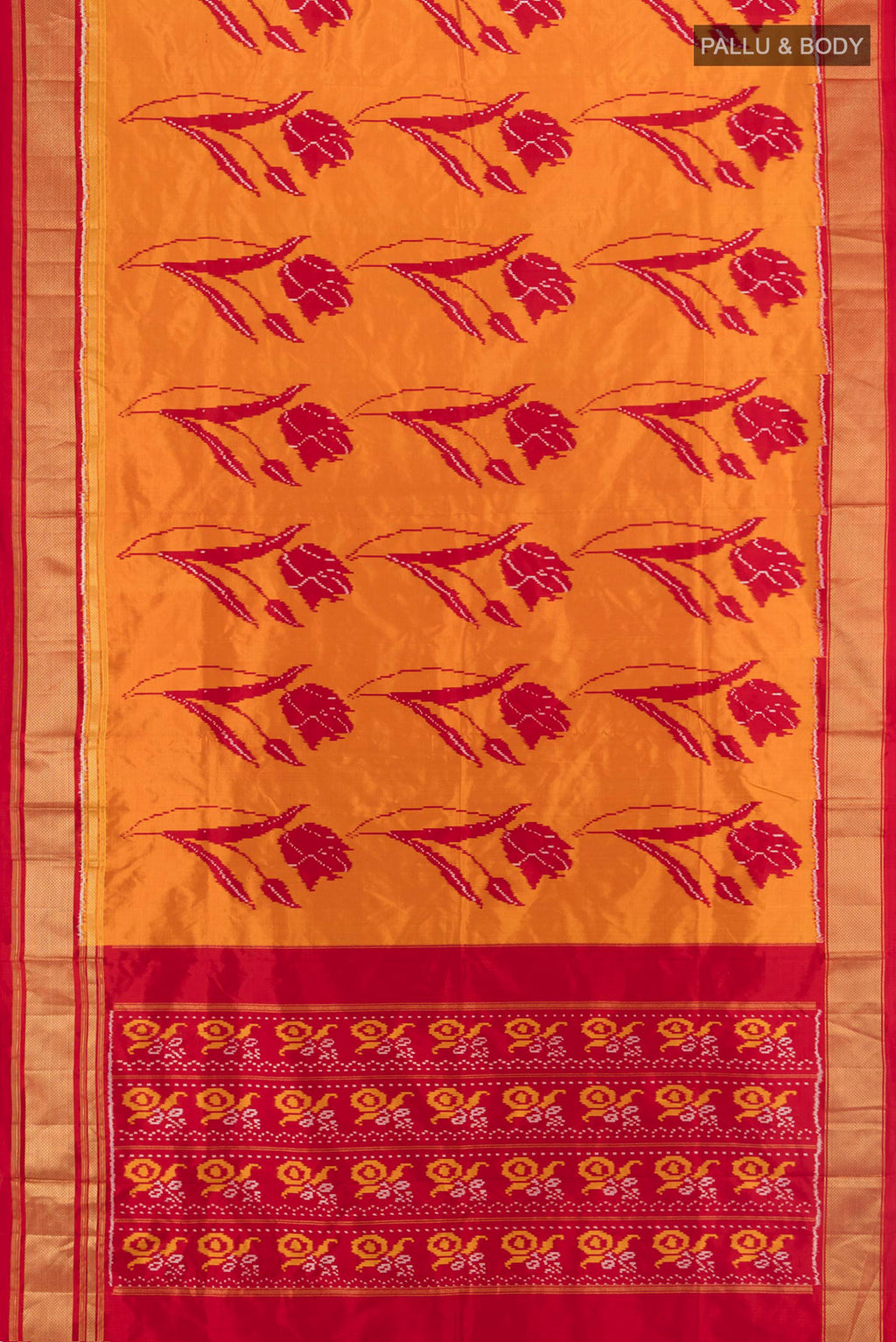 Flat view of Pure Silk Yellow Pochampally Saree with Pure Ikat on the body and Zari Border. 
