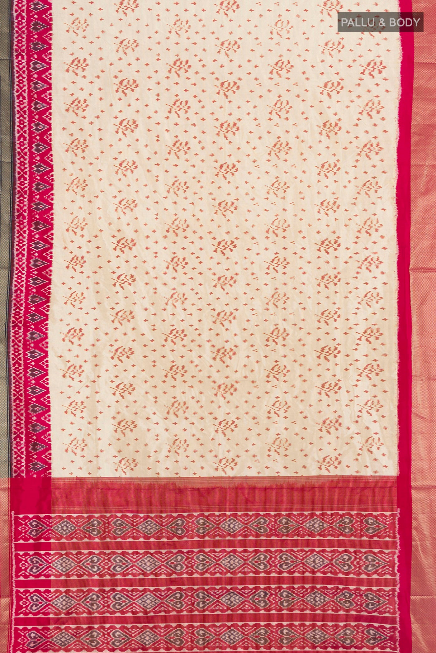 Flat view of Cream Pochampally Silk Saree with Pure Ikat on the body and Zari Border. 