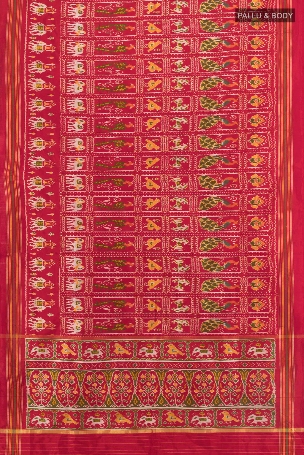 Flat view of Maroon Pochampally Silk Saree with Pure Ikat on the body and Plain Border. 