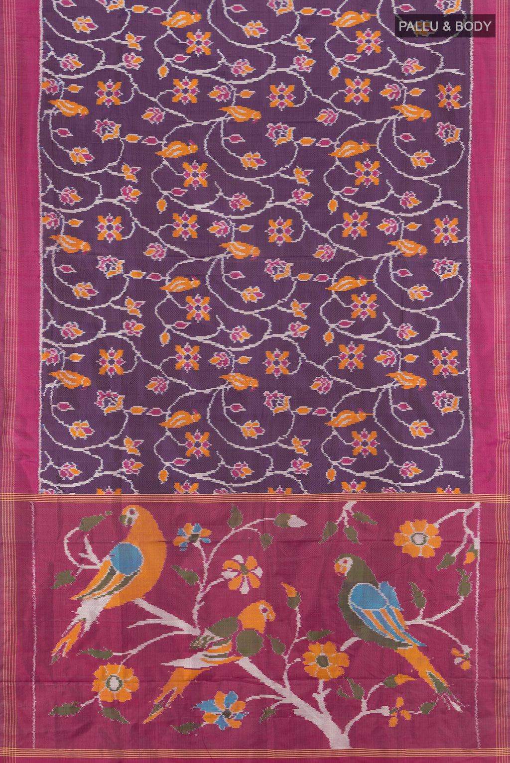 Flat view of Violet Pochampally Silk Saree with Pure Ikat on the body and Plain Border. 
